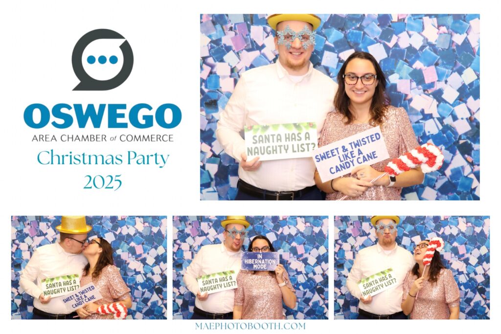 A photo booth print layout for the Oswego Area Chamber of Commerce Christmas Party 2025, featuring a series of four festive photos of a couple. The man wears a gold top hat and snowflake glasses, holding a sign that says "Santa has a naughty list?" while the woman in a rose gold sequin dress holds a sign reading "Sweet & Twisted like a candy cane." They pose playfully against a shimmering blue and purple mosaic backdrop. The image includes the Chamber's logo and the service provider's website, maephotobooth.com, at the bottom.