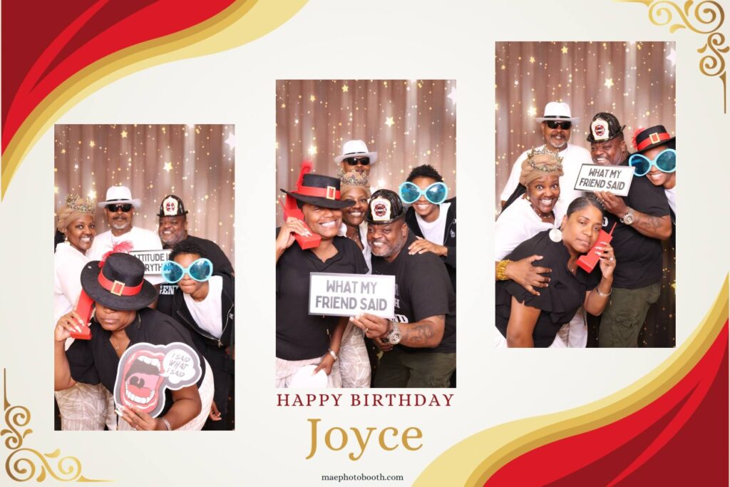 A luxury professional photobooth for birthday party in Illinois setup by Mae Photobooth LLC, featuring a high-end red carpet with black stanchions, a white floral arch backdrop, and a prop table stocked with festive hats and accessories.